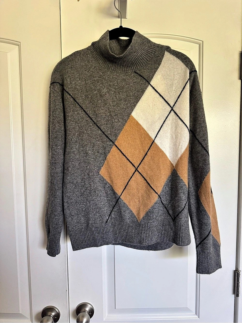 Minnie Rose Cashmere Argyle Turtleneck Sweater in Gray & Brown Size Medium